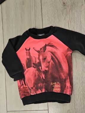 ​Kids Horse Graphic Sweatshirt Black & Pink Raglan Long Sleeve Pullover 🐎🩷12M